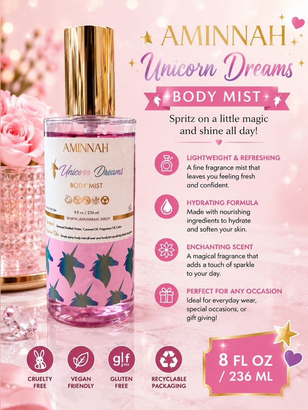 ✨️ Aminnah Unicorn Dreams Body Mist | 8 oz Hydrating Fragrance Mist |